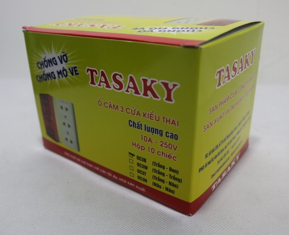 Ổ cắm 3 cửa kiểu Thái Tasaky OC3B, màu trắng đen