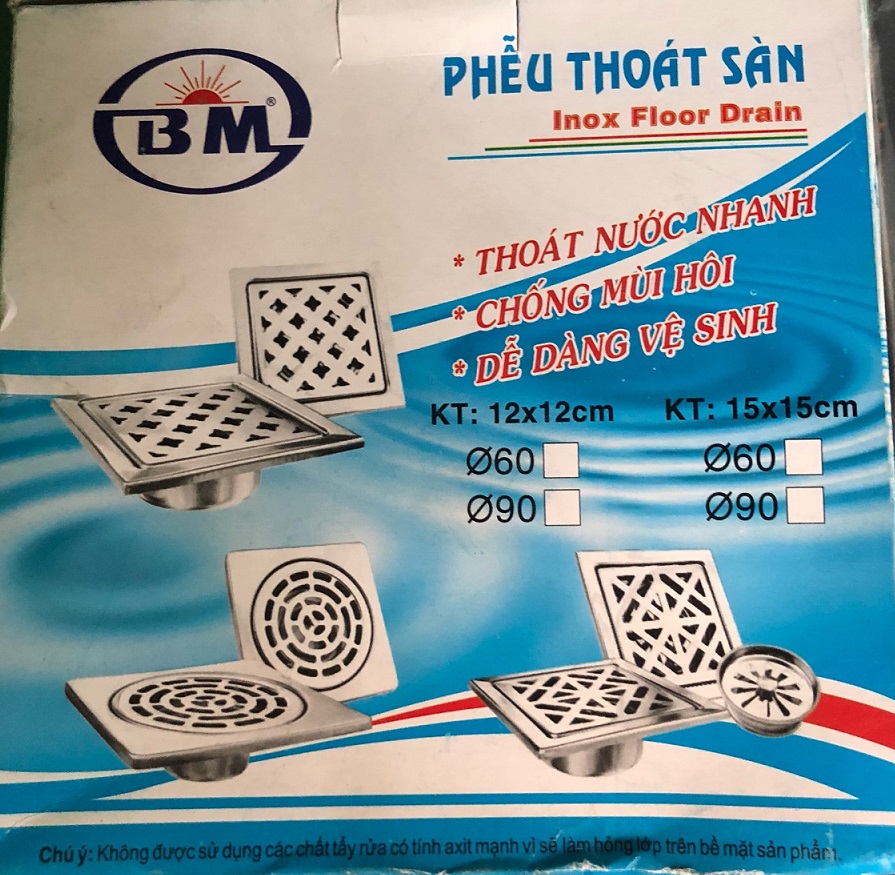 Phễu thoát sàn Inox phi 60mm Kim Thành Phát, kích thước 15x15cm