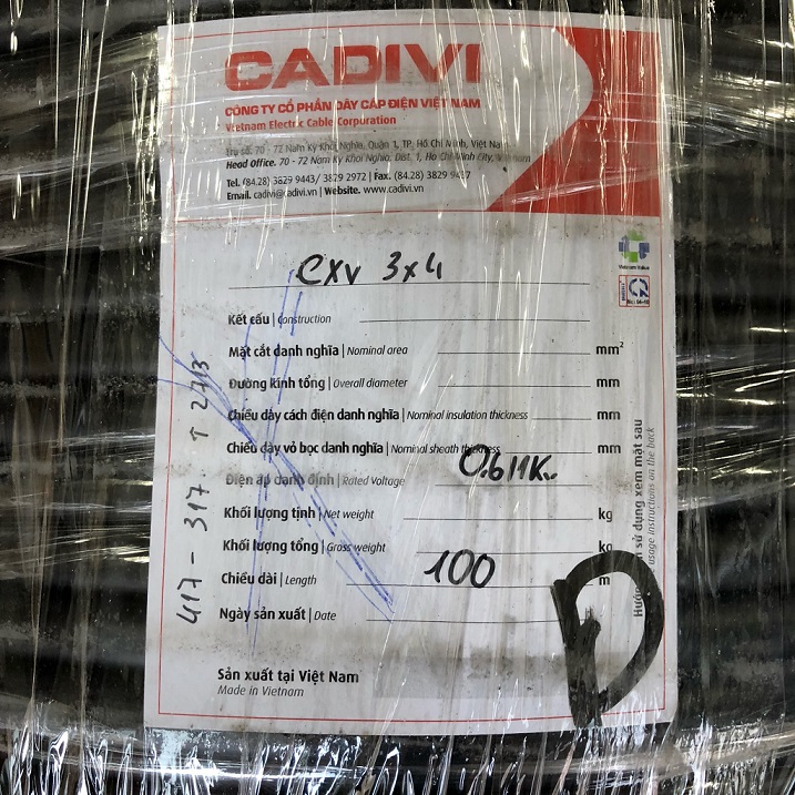 Dây cáp điện màu đen 3 lõi CXV 3 x 4 0.6/1kv, giá tính theo cuộn Cadivi TGCN-29851