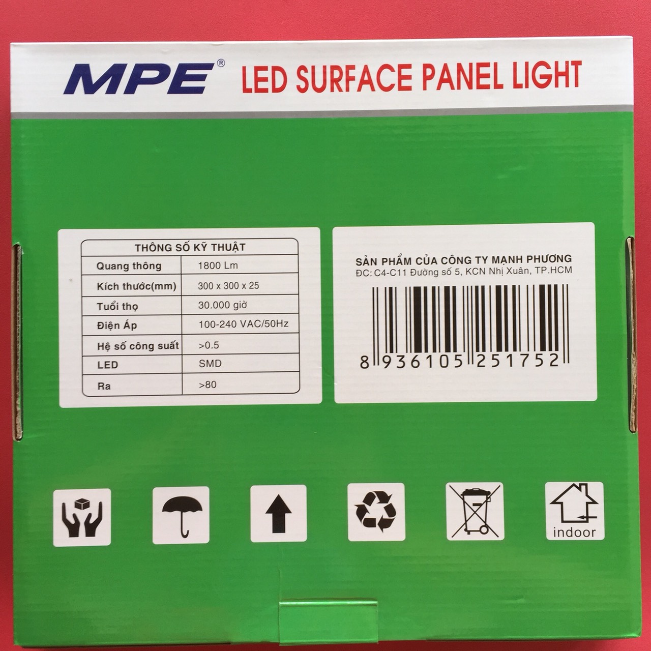 Đèn led panel ốp trần nổi vuông 24W MPE SSPL-24T, ánh sáng trắng, kích thước 300*300*25mm, đóng gói 1 cái/hộp, 10 cái/thùng