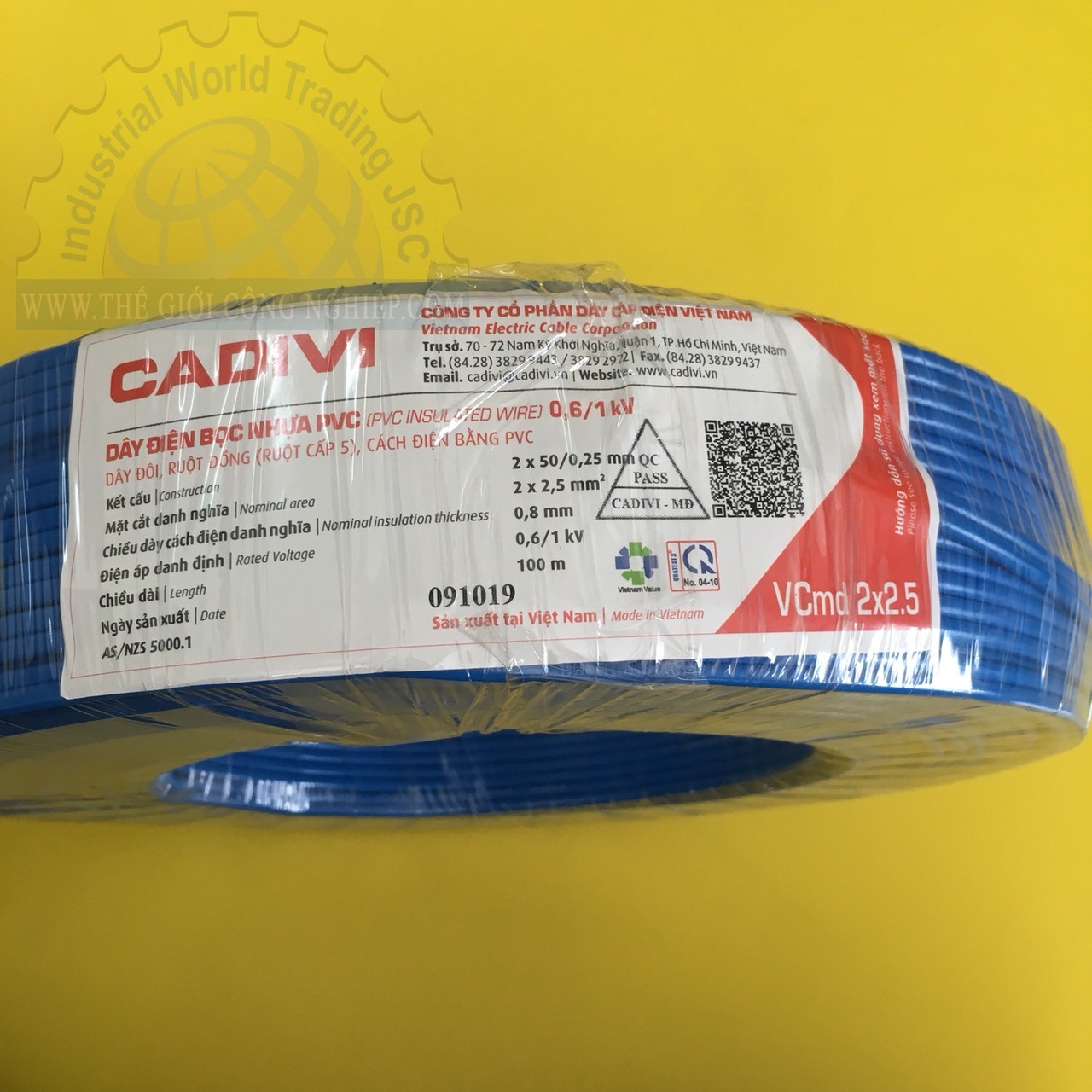 Dây cáp điện đôi mềm (dây dẹp) Vcmd Cadivi 2x2.5 màu xanh, ruột đồng bọc nhựa PVC, cuộn 100 mét, giá tính theo mét