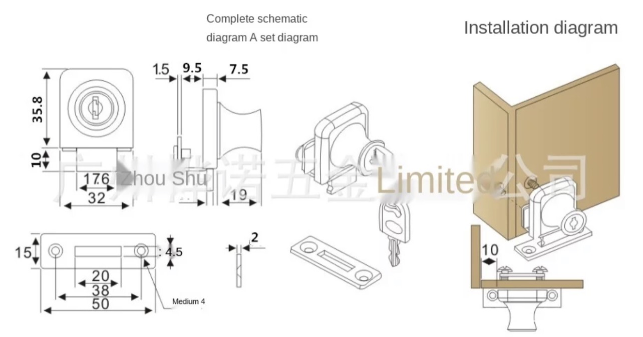 Khóa cửa kính tủ trưng bày, thích hợp cho kính dày 5-8mm, chất liệu hợp kim kẽm