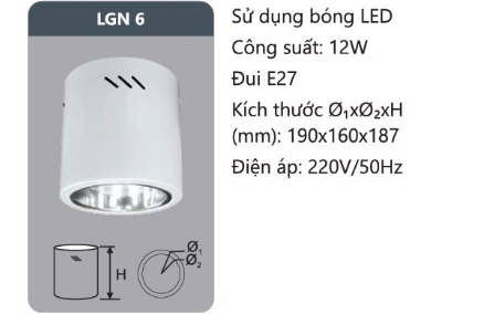 Đèn Lon gắn nổi sử dụng bóng Led 220V/50Hz 12W đuôi E27