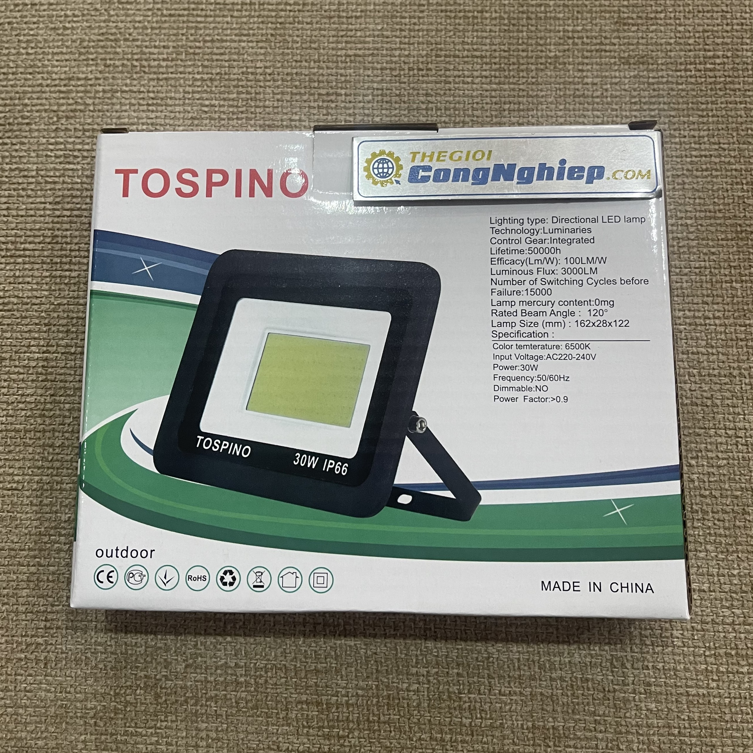 Đèn Led Pha 30W Tospino ánh sáng trắng, Tiêu chuẩn IP66, Chip COB