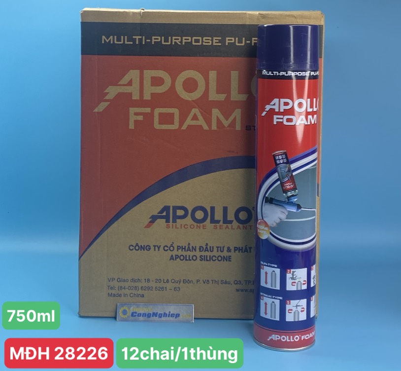 Keo bọt nở Foam apollo, 750ml dùng vòi,  12 chai/ 1 thùng