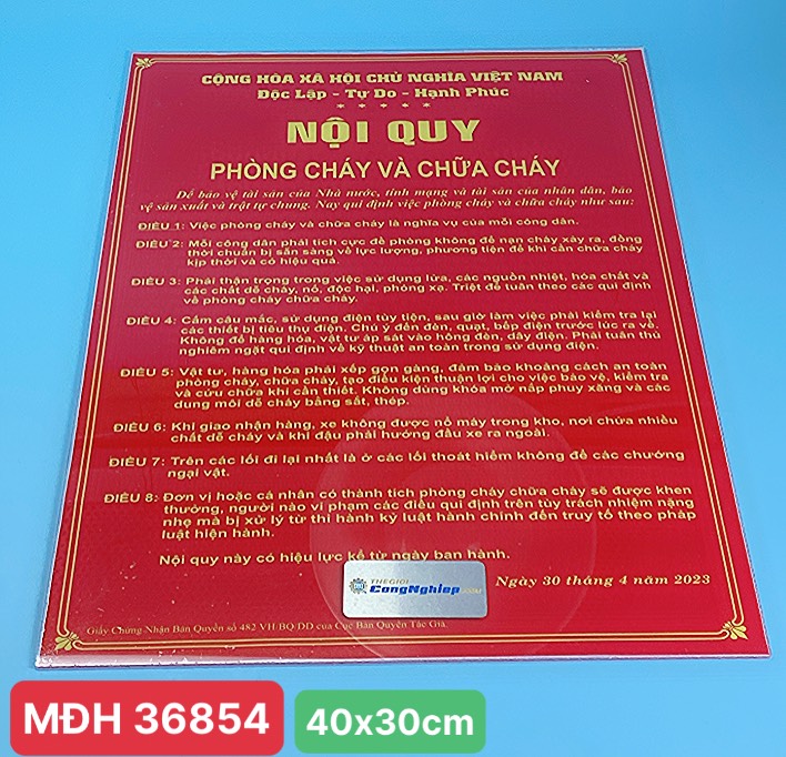 Bộ bảng nội quy, tiêu lệnh PCCC bằng mica, kích thước 40 x 30xm (2 tấm bằng nhau)