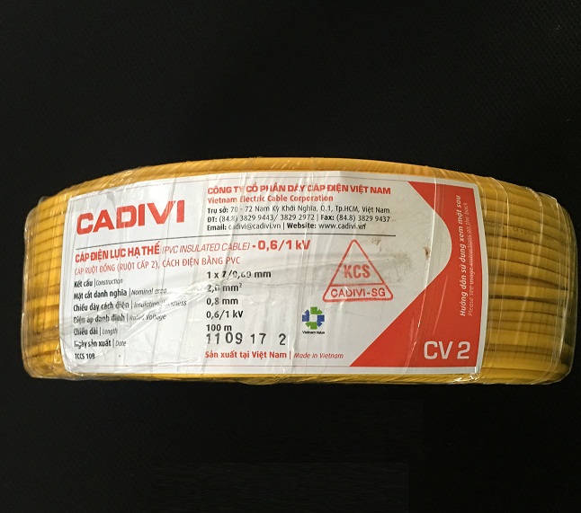 Dây Cáp điện lực hạ thế Cadivi CV-2 màu vàng, ruột đồng bọc nhựa  PVC, cuôn 100 mét.