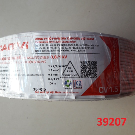 Dây cáp điện Cadivi CV-1.5 màu trắng, ruột đồng cách nhiệt PVC, cuộn 100m, giá tính theo mét