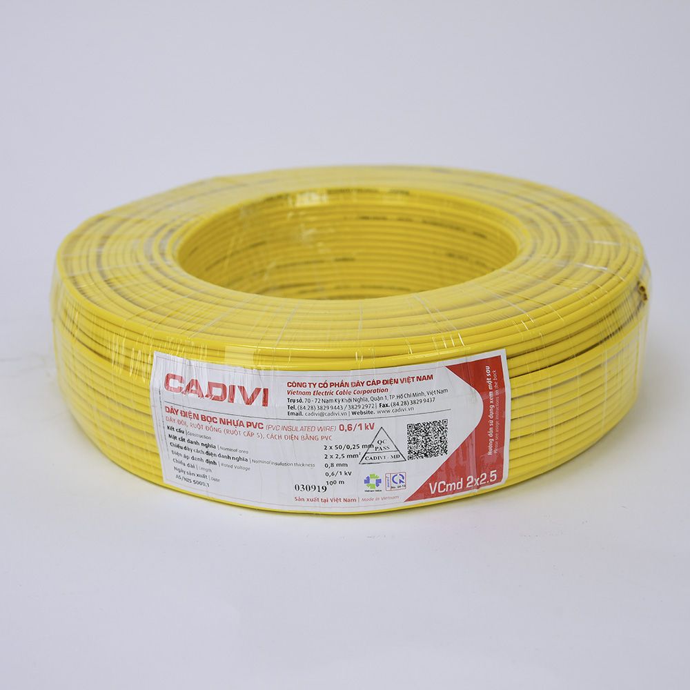 Dây cáp điện đôi mềm (dây dẹp) Vcmd Cadivi 2x2.5 màu vàng, ruột đồng bọc nhựa PVC, cuộn 100 mét 