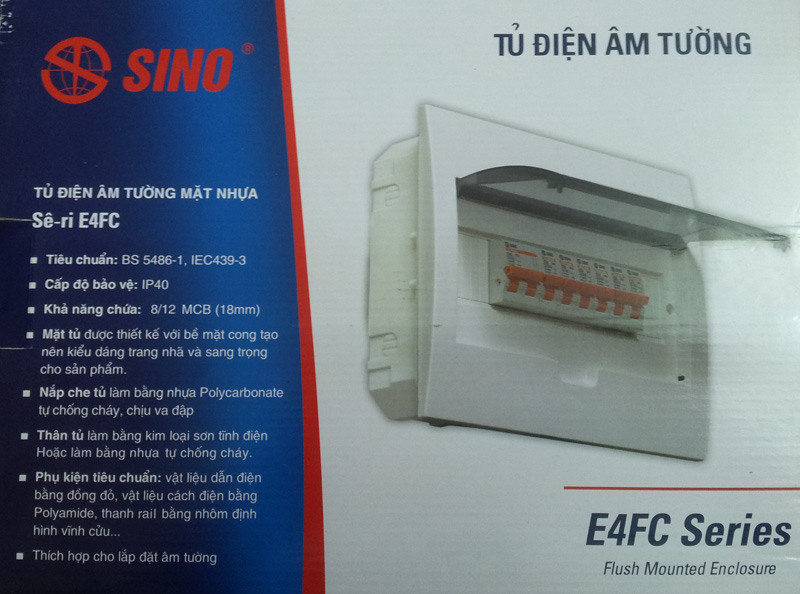 Tủ điện âm tường Sino E4FC 8/12L mặt nhựa đế nhựa chứa 8-12 modul