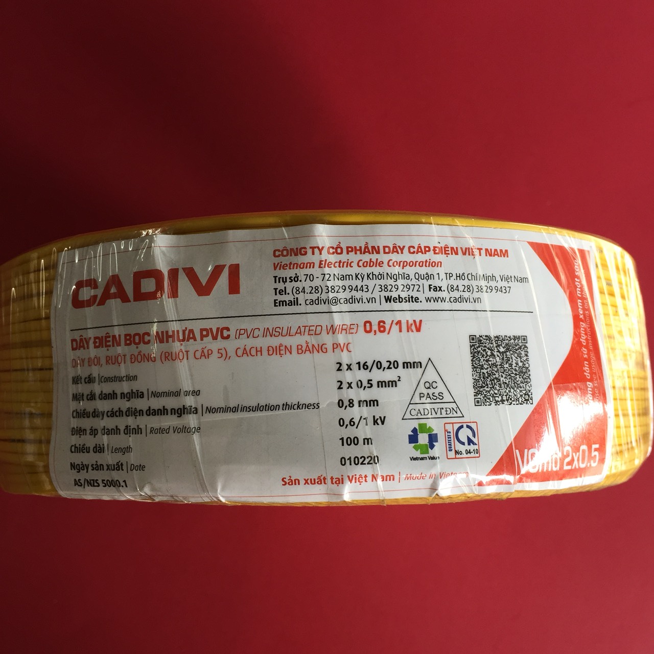 Dây cáp điện đôi mềm (dây dẹp) VCmd Cadivi 2x0.5 màu vàng, ruột đồng bọc nhựa PVC, cuộn 100 mét, giá tính theo mét