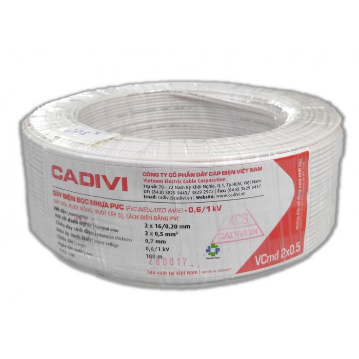 Dây cáp điện đôi mềm (dây dẹp) VCmd Cadivi 2x0.5 màu trắng, ruột đồng bọc nhựa PVC, cuộn 100 mét, giá tính theo mét
