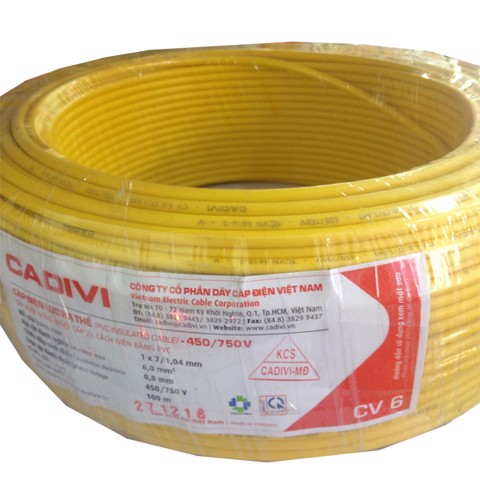 Dây điện đơn CV 6 Cadivi, màu vàng, cuộn 100m