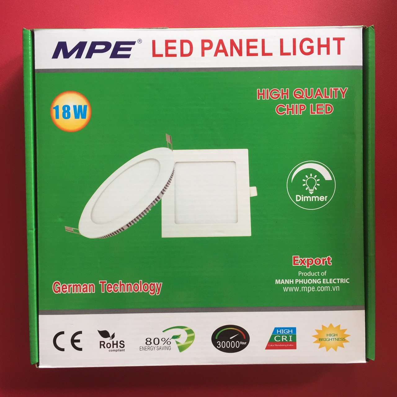 Đèn led panel âm trần vuông 18w MPE SPL-18V, ánh sáng vàng, kích thước 225×225x25mm, đóng gói 1 cái/hộp, 20 cái/thùng