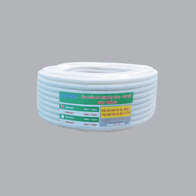 Ống ruột gà đàn hồi PVC MPE A9025 CT, màu trắng, đường kính 25mm