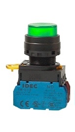 Nút nhấn nhả IDEC YW1L-MF2E10QM3(G), màu xanh lá cây 22mm, 1NO, có đèn, loại phẳng, ip 65 ngoài mặt tủ