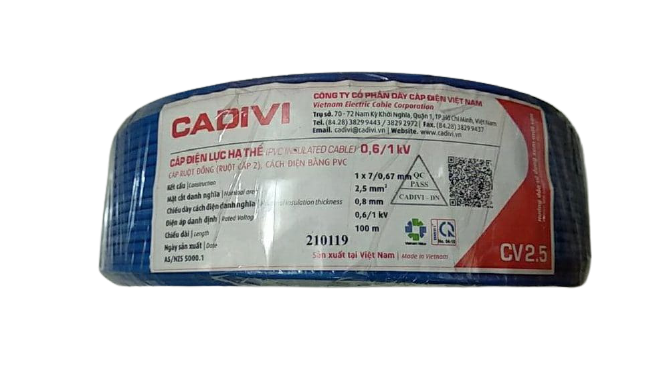 Dây cáp điện Cadivi CV-2.5 màu xanh, ruột đồng cách điện PVC, cuộn 100m
