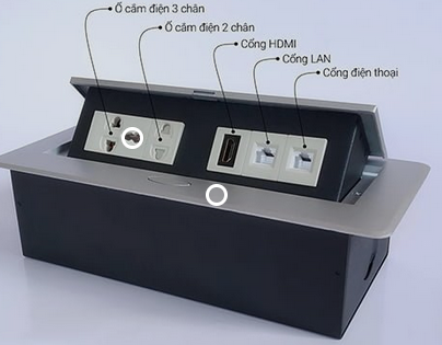 Hộp điện âm bàn tích hợp nhiều cổng kết nối HD-MD267-A OEM, hợp kim nhôm, kích thước lỗ khoét R225xS110(mm)