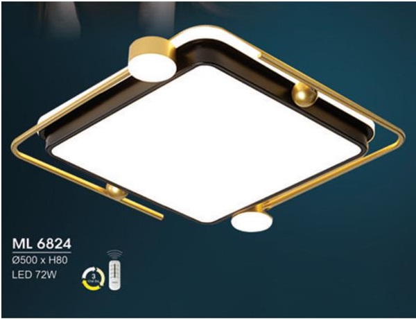 Đèn mâm led áp trần vuông 72W Hufa ML 6824, có remote điều chỉnh 3 màu ánh sáng, kích thước Ø500*H80mm