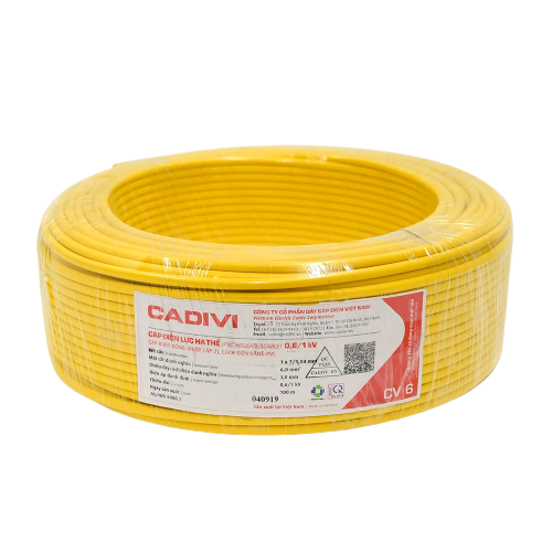 Dây cáp điện cadivi CV-6.0 màu vàng, ruột đồng cách điện PVC, cuộn 100 mét