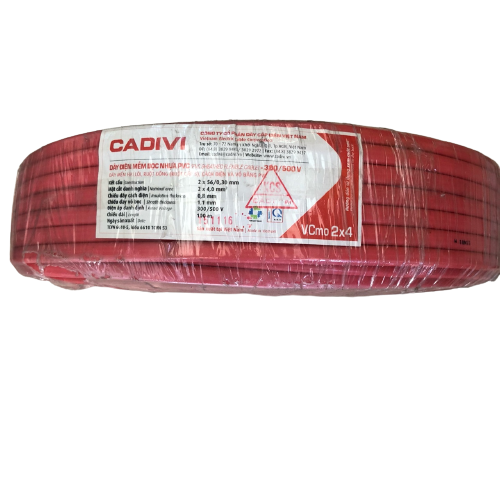 Dây cáp điện đôi mềm ovan Vcmo Cadivi 2x4.0 màu đỏ, ruột đồng bọc nhựa PVC, cuộn 100 mét, giá tính theo mét