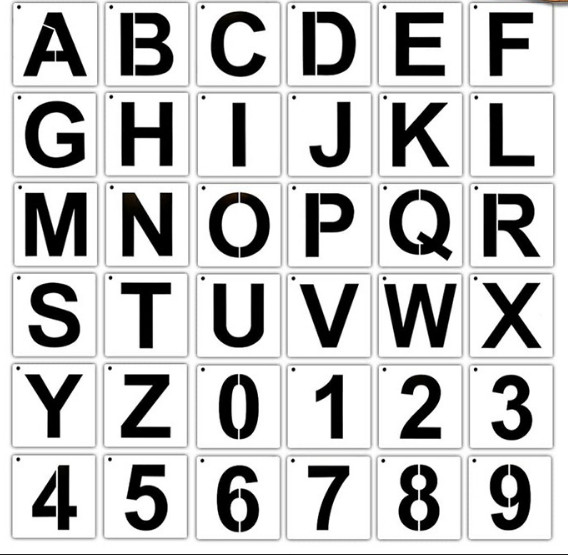 Khuôn chữ số dùng sơn vẽ trang trí 36 ký tự chữ + số , gồm 26 chữ từ A-Z và 10 số từ 0-9 được làm từ nhựa, kich thước 10x75mm