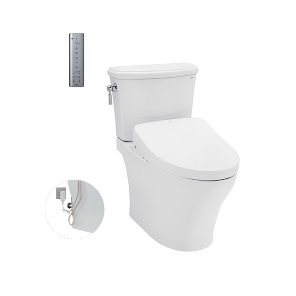 Bàn cầu hai khối Toto CS986GW11, kèm nắp rửa điện tử WASHLET dòng S7. Phụ kiện bao gồm van dừng