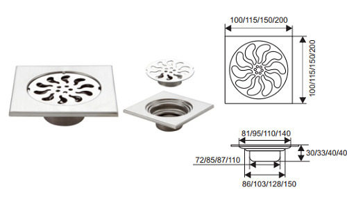 Phễu thoát sàn inox Zento TS200 (200x200mm)