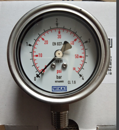Đồng hồ đo áp suất Wika 232.50, dải đo 4 bar (PSI)kích thước mặt 63mm, chân đứng kết nối ren 1/4 , Full inox, có dầu