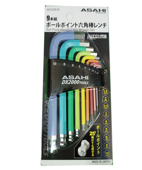 Bộ lục giác đầu bi nhiều màu loại ngắn 9 chi tiết 1.5-10mm, Asahi  AZUS910