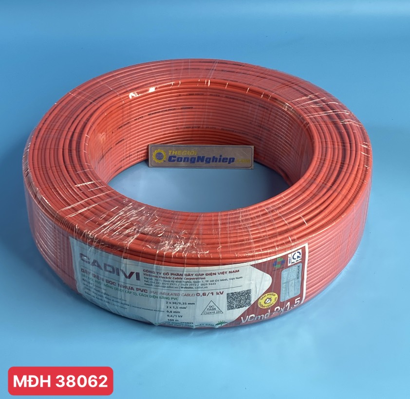 Dây cáp điện đôi mềm (dây dẹp) Vcmd Cadivi 2x1.5 màu đỏ, ruột đồng bọc nhựa PVC, cuộn 100 mét, giá tính theo mét