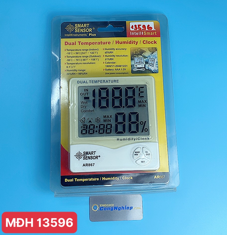 Nhiệt ẩm kế điện tử SmartSensor AR867, dải đo nhiệt độ Indoor -10~50°C / Outdoor -50~70°C , dải đo độ ẩm 20~90%RH