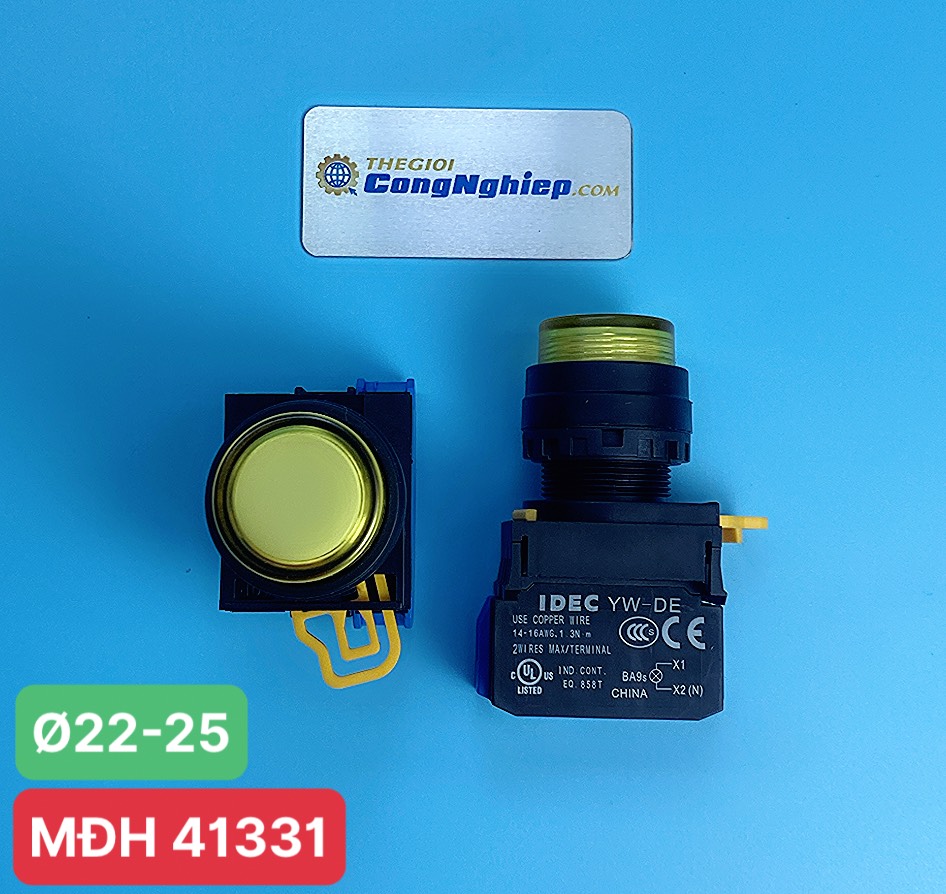 Nút nhấn phi 22- 25 IDEC YW1L-M2E10QM3Y, có đèn, loại lồi, nhấn nhả, màu vàng, 1NO, 220V AC/DC