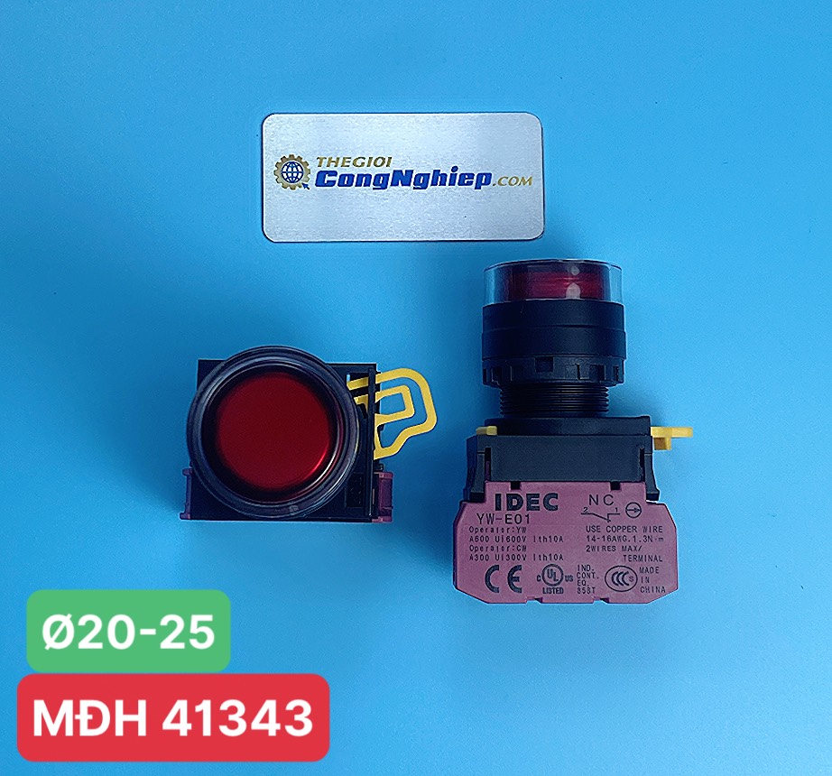 Nút nhấn phi 22- 25 IDEC YW1L-MF2E01QM3R, có đèn, loại phẳng, nhấn nhả, màu đỏ, 1NC, 220V AC/DC