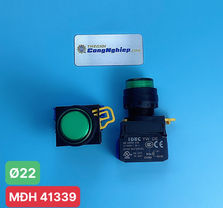 Nút nhấn phi 22 IDEC YW1L- M2E10QM3G, có đèn, loại lồi, nhấn nhả, màu xanh lá, 1NO, 220V AC/DC