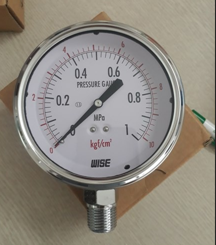 Đồng hồ đo áp suất Wise P254 100A, 0-1Mpa, 1/2''NPT- mặt 100mm - vỏ inox 304,  chân đồng mạ niken, cấp chính xác 1.5%, Có dầu Glycerin