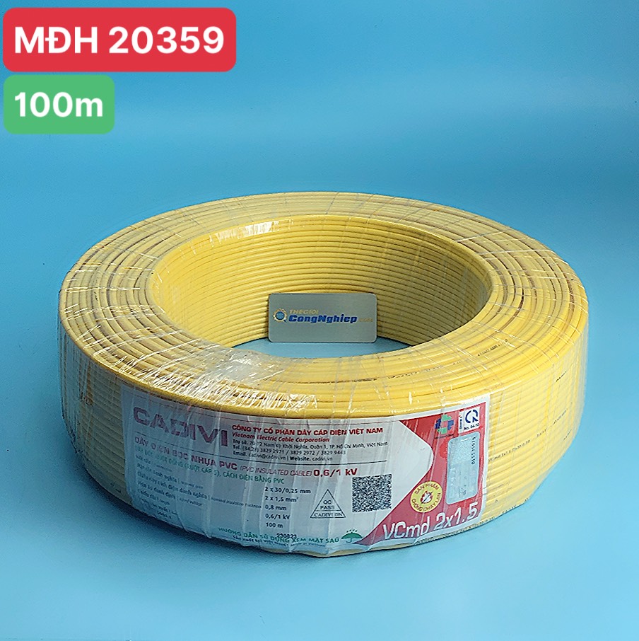 Dây cáp điện đôi mềm (dây dẹp) Vcmd Cadivi 2x1.5 màu vàng, ruột đồng bọc nhựa PVC, cuộn 100 mét, giá tính theo mét