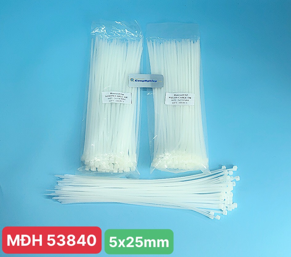 Dây rút nhựa màu trắng 5x250mm, bản rộng 3.3mm HanrootVNP, nhựa PA66 chịu lực 18kg, 100 sợi/gói